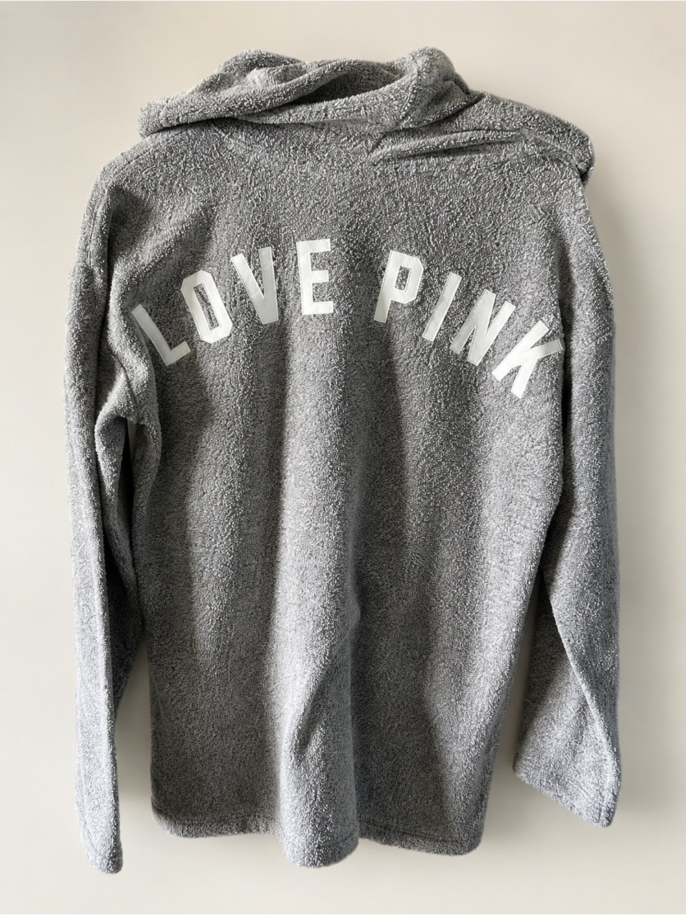 PINK Victoria’s Secret Lace-Up Hooded Sweater Pullover Gray Logo Back Size S